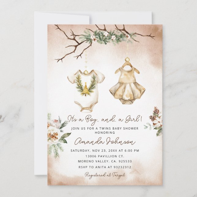 Convite Chá de fraldas de Roupas Bebê Gêmeas Boho Natal (Frente)