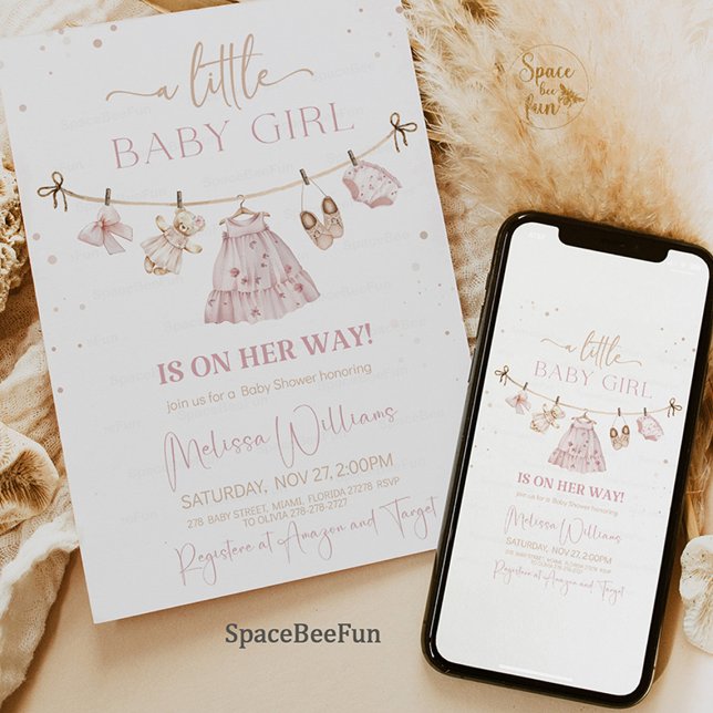 Convite Chá de fraldas de Roupas Boho (boho baby shower invitation, pink blush baby shower, baby girl shower invite, boho baby clothes them)