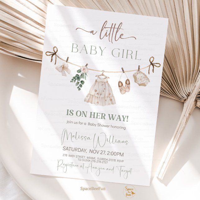 Convite Chá de fraldas de Roupas Boho (boho baby shower invitation, sage green baby shower, baby girl shower invite, boho baby clothes them)