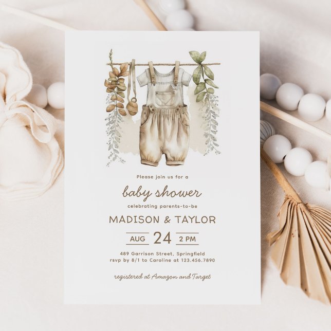 Convite Chá de fraldas de roupas de bebê de boho neutro po (Criador carregado)