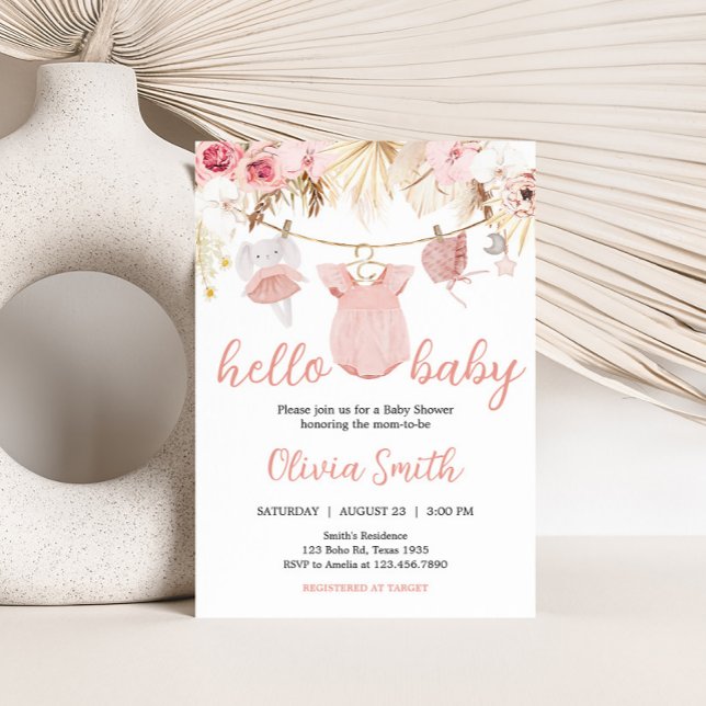 Convite Chá de fraldas de Roupas de Bebê Pampas (Baby Clothes Pampas Grass Baby Shower Invitation)