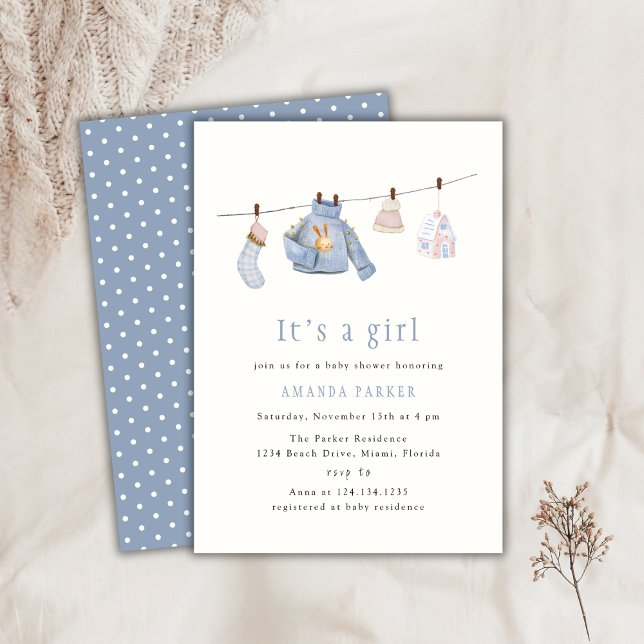 Convite Chá de fraldas de roupas de inverno da Blue Waterc (Blue Watercolor Girl Winter Clothes Baby Shower Invitation)
