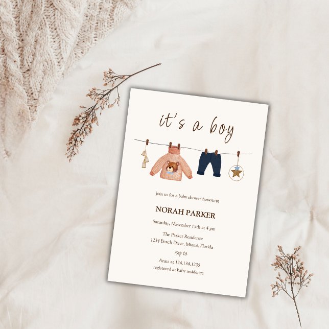 Convite Chá de fraldas de roupas de inverno do Menino Boni (Cute Boho Boy Winter Clothes Baby Shower Invitation)