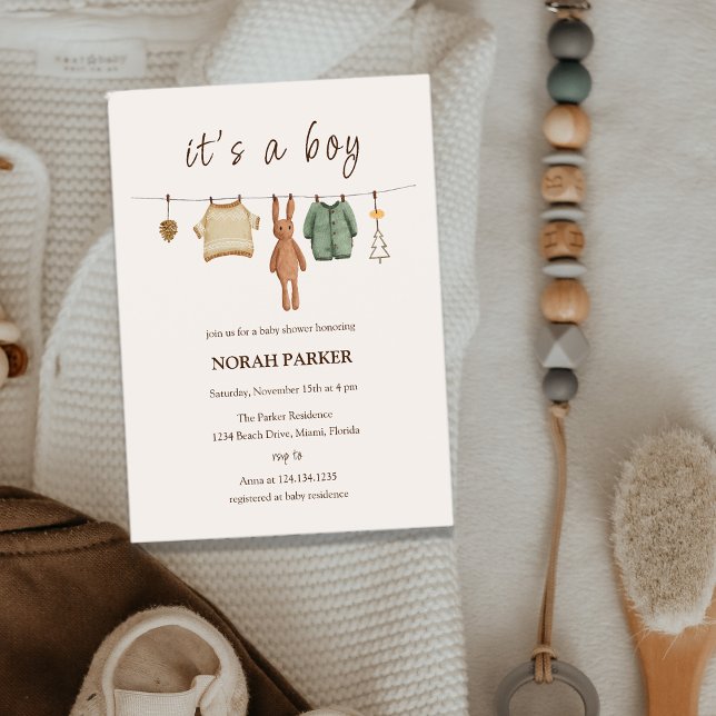 Convite Chá de fraldas de roupas do Boho Winter Boy (Boho Winter Boy Clothes Baby Shower Invitation)