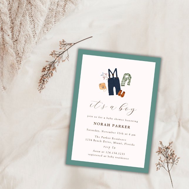 Convite Chá de fraldas de Roupas do Green Simple Frame Boy (Sage Green Simple Frame Boy Clothes Baby Shower Invitation)