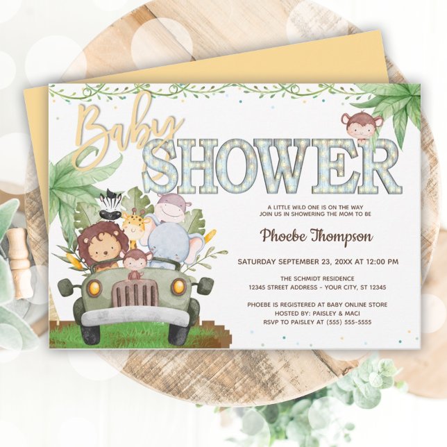 Convite Chá de fraldas de Safari Amarelo (Yellow Safari Animals Baby Shower Invitation)