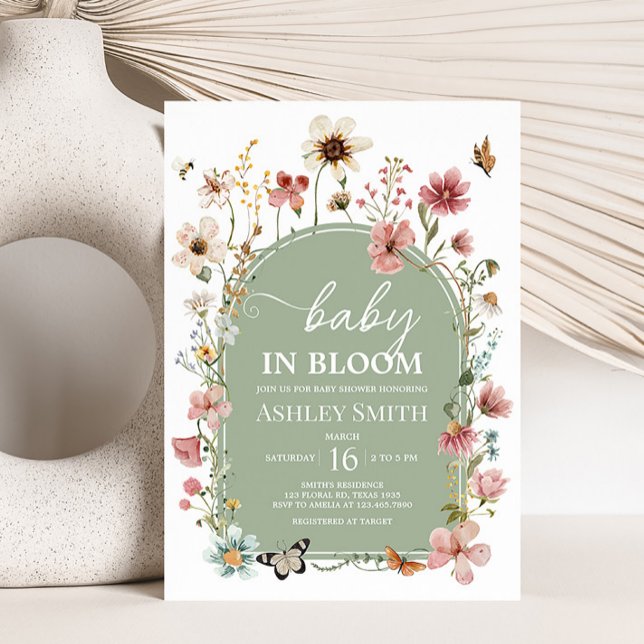 Convite Chá de fraldas de Sage Green Baby Bloom (Gender Neutral Wildflower Baby Shower Invitation)