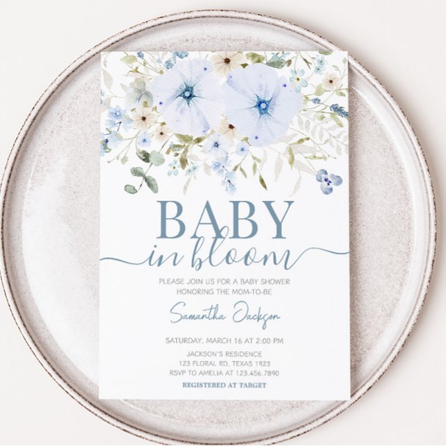 Convite Chá de fraldas de Sangue de Bebê Azul Dusty (Boy Spring Flowers Baby Shower Invitation)