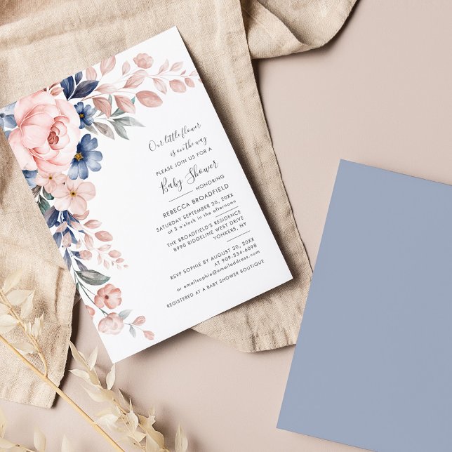 Convite Chá de fraldas de Sangue Floral Azul Pintel Pastel (Pink Floral Script Watercolor Baby Shower Invitation)