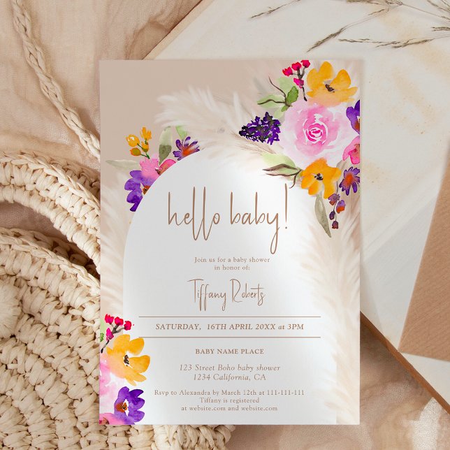 Convite Chá de fraldas de saudação neutro de arco floral (Boho sand floral arch neutral hello baby shower invitation)