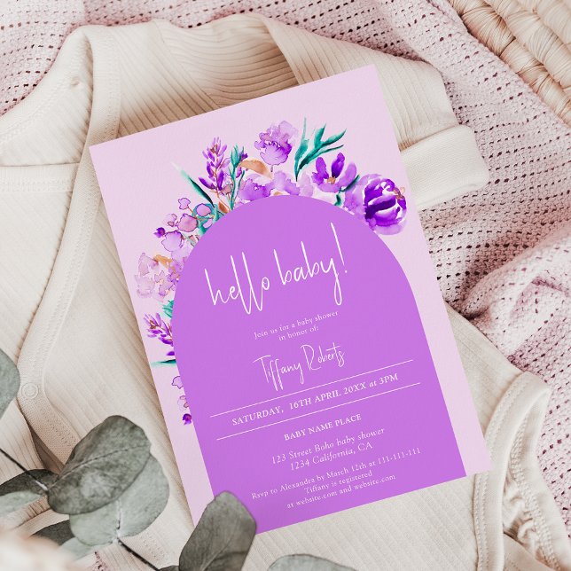 Convite Chá de fraldas de saudação neutro de arco floral p (Chic purple floral arch neutral hello baby shower invitation)