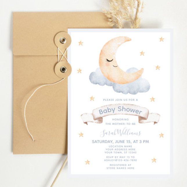 Convite Chá de fraldas de Script da Lua e Estrelas de Aqua (Baby Shower Invitation!)