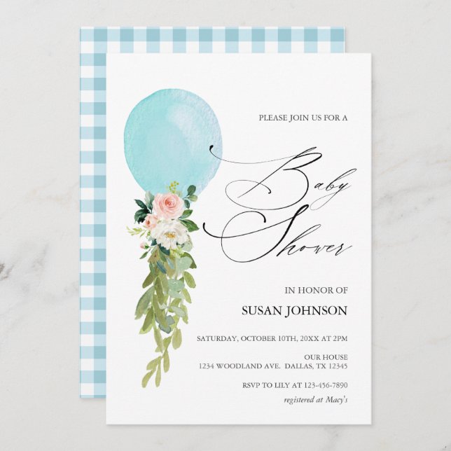 Convite Chá de fraldas de Script de Caligrafia do Balão Az (Frente/Verso)