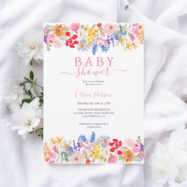Convite Chá de fraldas de script de flores silvestres do j (Modern garden wildflowers script baby shower invitation)