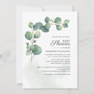 Convite Chá de fraldas de Script de Foliagem de Eucalyptus