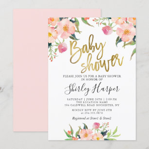 Convite Chá de fraldas de Script Dourado Floral Rosa Eleg