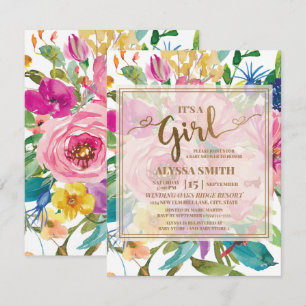 Convite Chá de fraldas de Script Floral Amarelo Cor-de-Ro