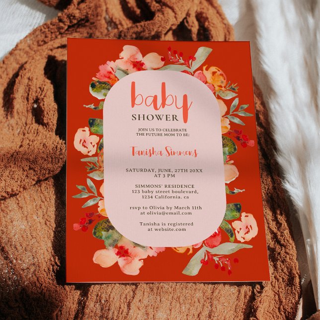 Convite Chá de fraldas de script floral Boho fall terracot (Boho fall terracotta floral script baby shower invitation on terracotta)