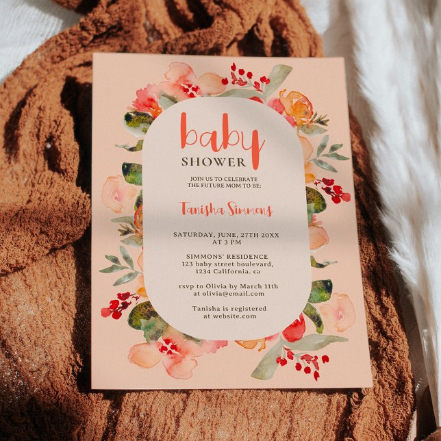 Convite Chá de fraldas de script floral Boho fall terracot (Boho fall terracotta floral script baby shower invitation on light pink)