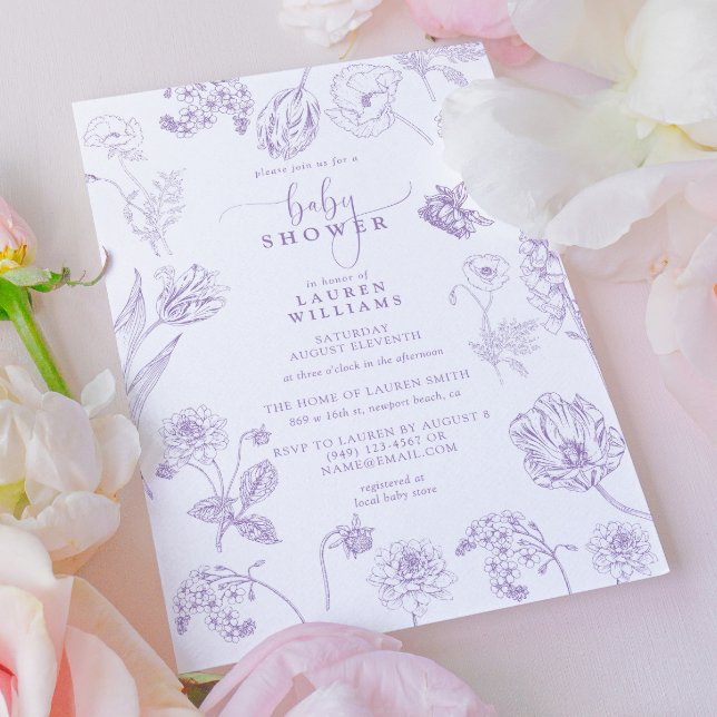 Convite Chá de fraldas de Script Floral de Lavanda Lilac V (Baby Shower Invitation!)