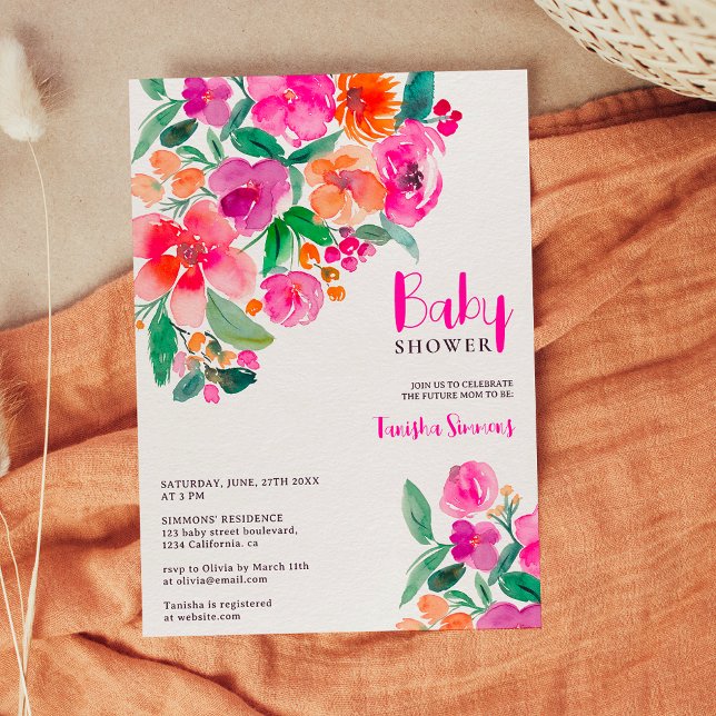 Convite Chá de fraldas de script floral de queda rosa-quen (Bright hot pink fall floral script baby shower invitation)