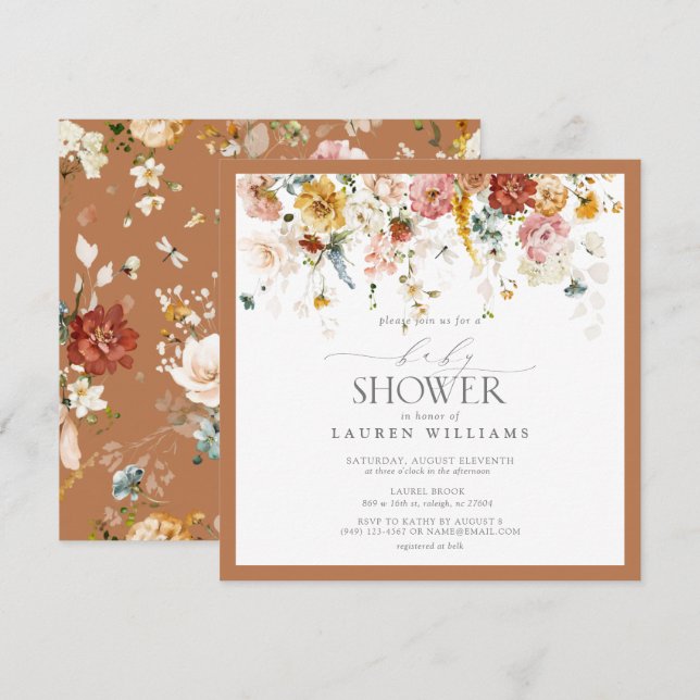 Convite Chá de fraldas de Script Floral Laranja Queimado (Frente/Verso)