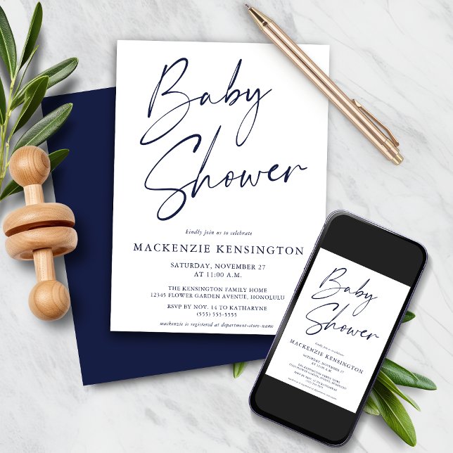 Convite Chá de fraldas de Script Simples Azul-marinho (Navy Blue Simple Script Baby Shower Invitation)