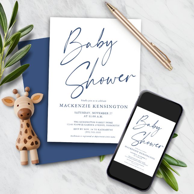 Convite Chá de fraldas de Script Simples Azul Moderno com  (Modern Blue Simple Handwritten Script Baby Shower Invitation with Instant Download Option)