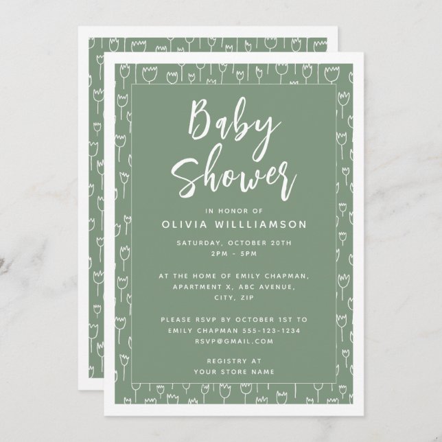 Convite Chá de fraldas de Script Verde do Modern Sage (Frente/Verso)