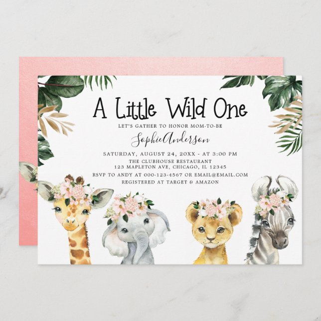 Convite Chá de fraldas de Selva de Girls Safari (Frente/Verso)