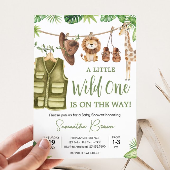 Convite Chá de fraldas de Selva de Safari Tropical (Tropical Safari Jungle Animals Clothesline Baby Shower Invitation)