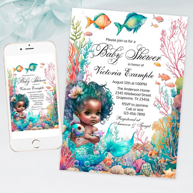 Convite Chá de fraldas de Sereia Africano (Under the sea baby shower invitation with cute African mermaid baby, fish and coral.)
