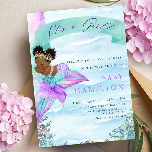 Convite Chá de fraldas de Sereia Afro-Americano (African American Mermaid Baby Shower Invitation)