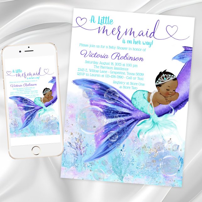 Convite Chá de fraldas de Sereia Afro-Americano (Mermaid baby shower invitation with cute mermaid. Instant download and printed invitations available)