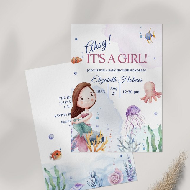 Convite Chá de fraldas de Sereia de Watercolor Sealife (Watercolor Sealife Mermaid Baby Shower Invitation on table.)