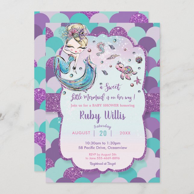Convite Chá de fraldas de Sereia Loura Sob o Mar Roxo (Frente/Verso)