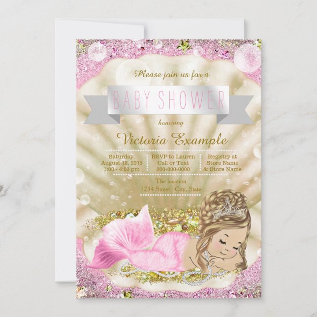 Convite Chá de fraldas de Sereia Rosa e Dourada Loura (Frente)