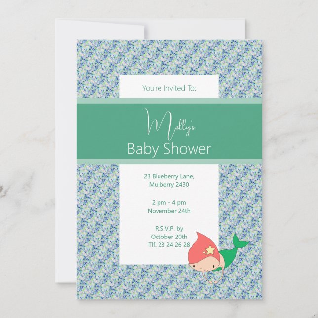 Convite chá de fraldas de Sereia Verde Illusima (Frente)