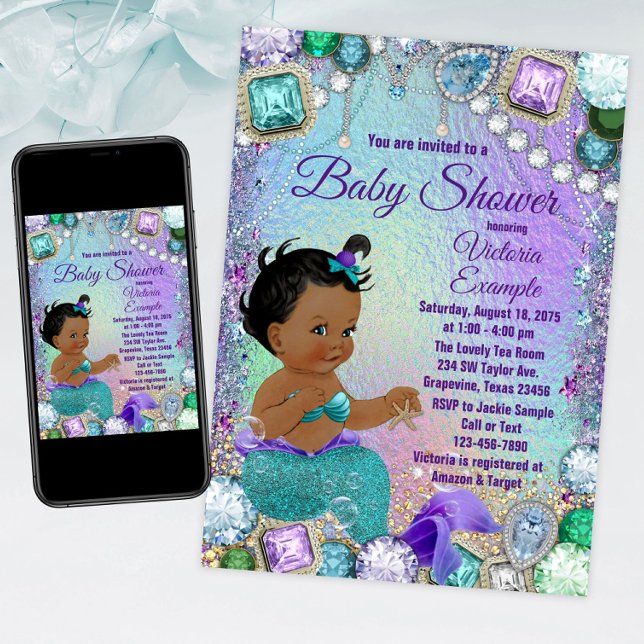 Convite Chá de fraldas de Sereias Jewel Mermaid African (Mermaid baby shower invitation with adorable ethnic mermaid baby. For instant download and print.)