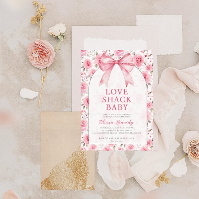 Convite Chá de fraldas de Shack de Amor Rosa-Coqueteira do (Love Shack Baby - Baby Shower Invitation)