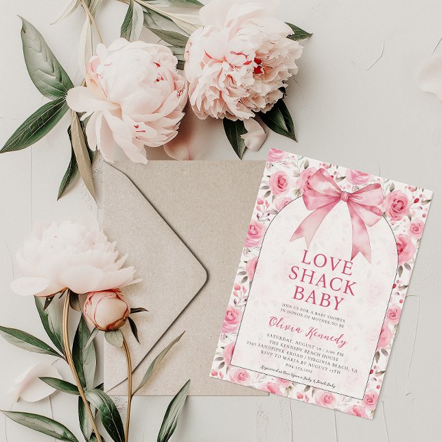 Convite Chá de fraldas de Shack de Amor Rosa-Coqueteira do (Love Shack Baby Shower Invitation)
