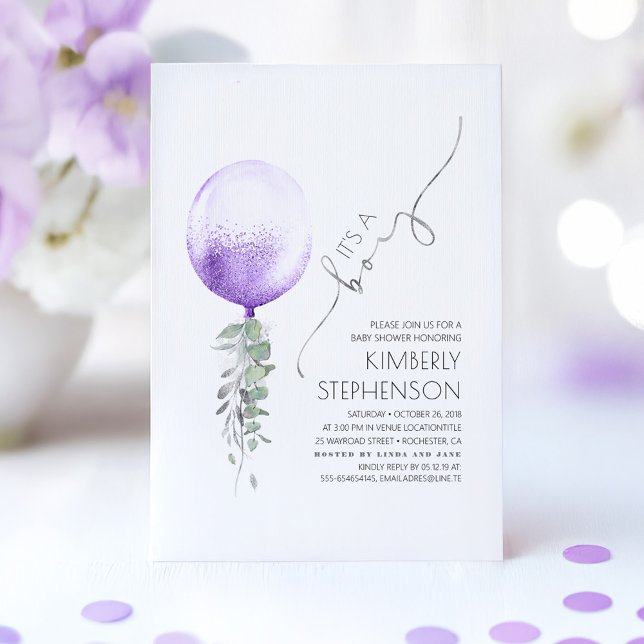 Convite Chá de fraldas de Silver Verde e Balão Roxo (Purple Boy Baby Shower Invitation)