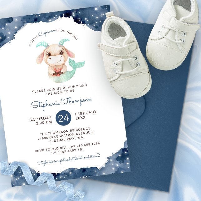 Convite Chá de fraldas de Símbolo Celestial de Capricórnio (Celestial Capricorn Astrology Sign Baby Shower Invitation)