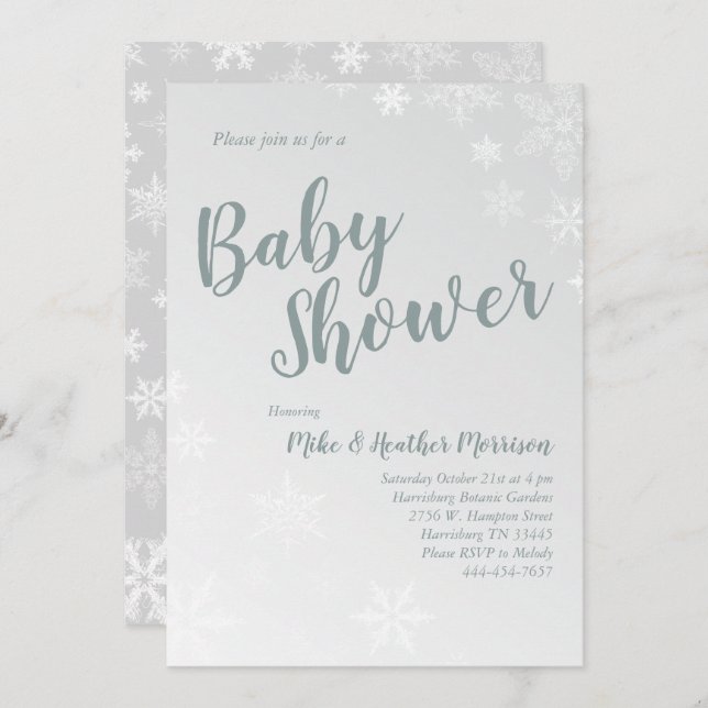 Convite Chá de fraldas de Snowflake  de Gênero Cinza Neutr (Frente/Verso)