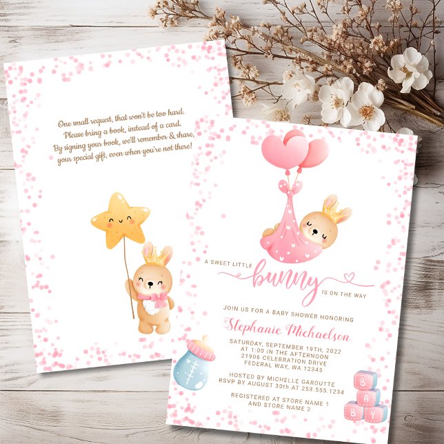 Convite Chá de fraldas de Solicitação de Livro de Rapariga (Sweet Little Bunny Girl Book Request Baby Shower Invitation)