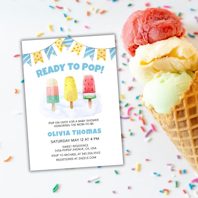 Convite Chá de fraldas De Sorvete Azul Pronta Para Pop (Blue Popcicle Ready To Pop Ice Cream Baby Shower Invitation)