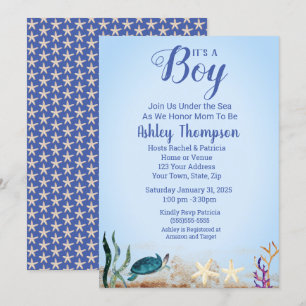 Convite Chá de fraldas de Starfish, Boi Azul, Tartaruga d