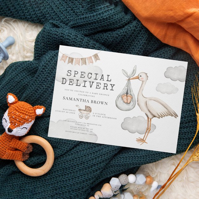 Convite Chá de fraldas de Stork Elegante de Aquarela (Criador carregado)