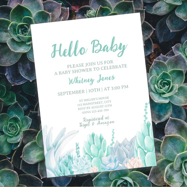 Convite Chá de fraldas de Suculente de Mola Verde de Costu (Succulent Watercolor Mint Green Boy Baby Shower Invitation)