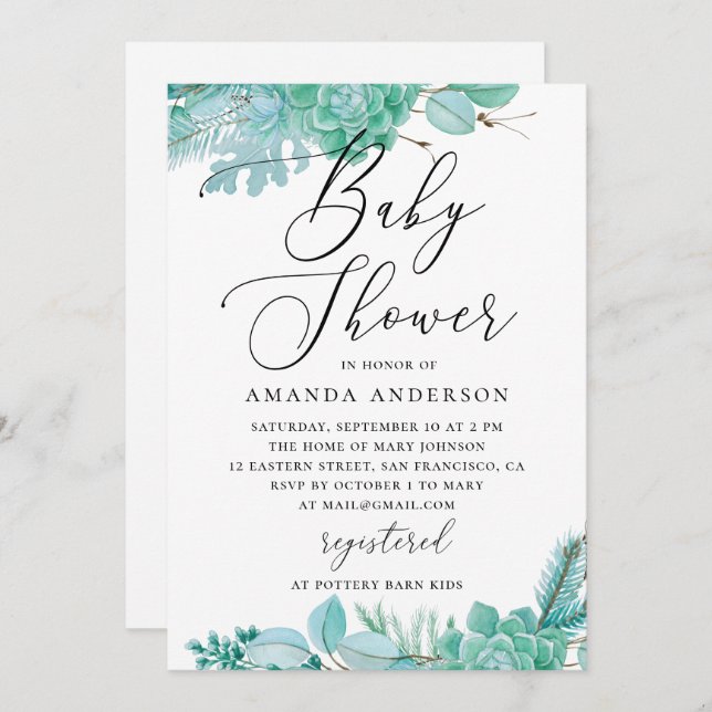 Convite Chá de fraldas de suculentos florais de horta aquo (Frente/Verso)